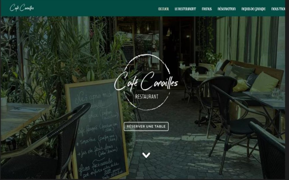Ancien site de Café Canailles avant refonte : template sombre et chargé, en-tête vert