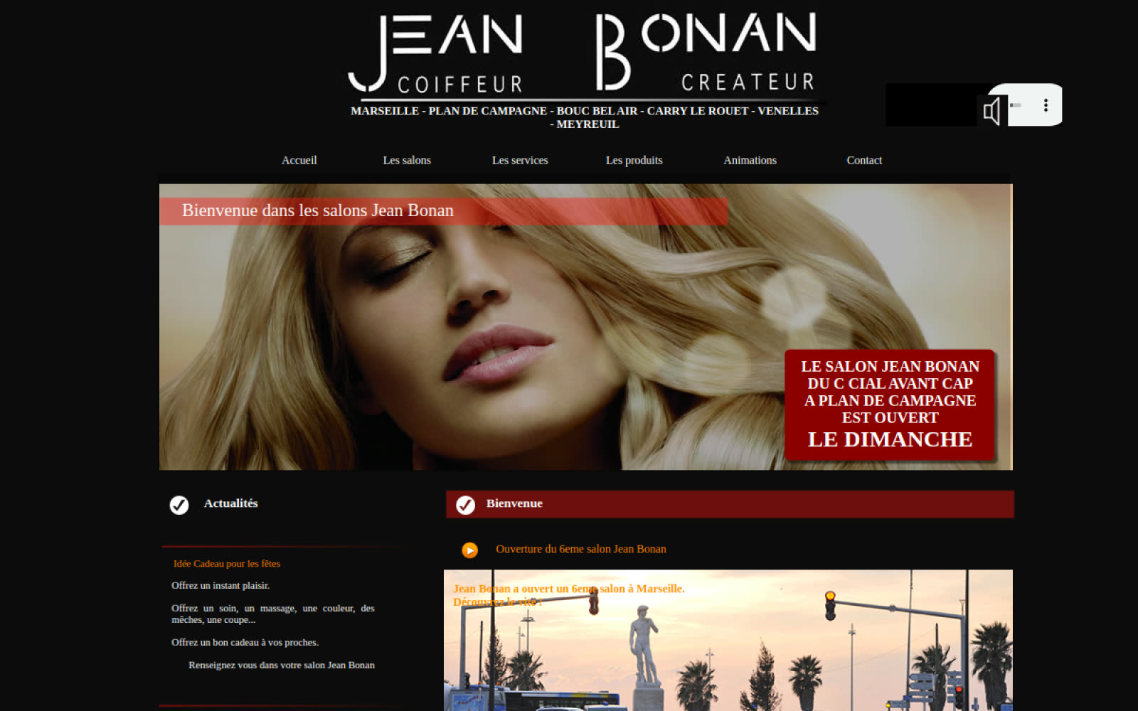 Ancien site des salons Jean Bonan tel qu'en 2017 : fond noir, bandeaux rouges, photo stock et promotions datées de 2012